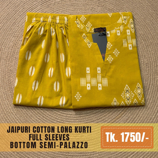 Jaipuri Cotton Long Kurti Co-ord Set - Mustard Greenish Brown Ikat Print