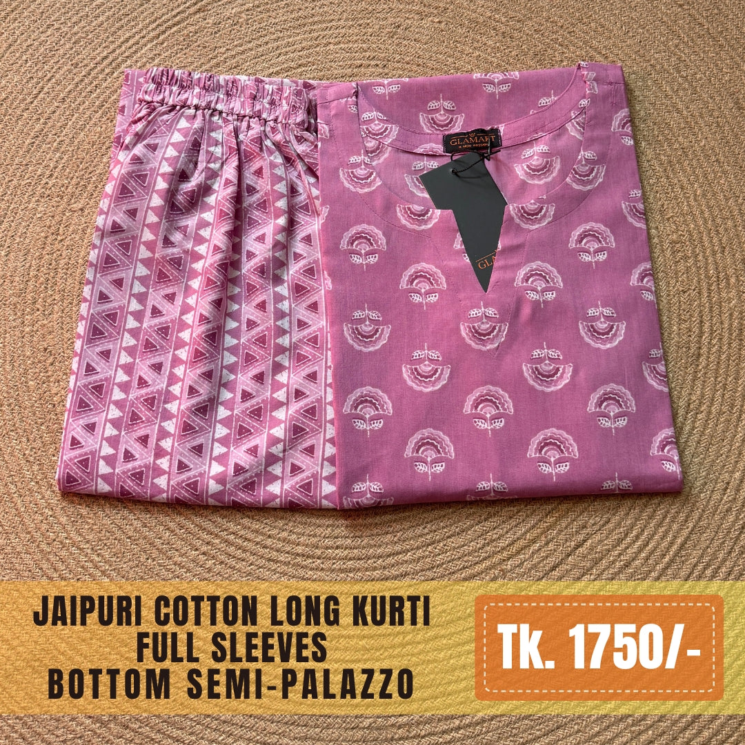 Jaipuri Cotton Long Kurti Co-ord Set - Mauve Pink Floral Block Print
