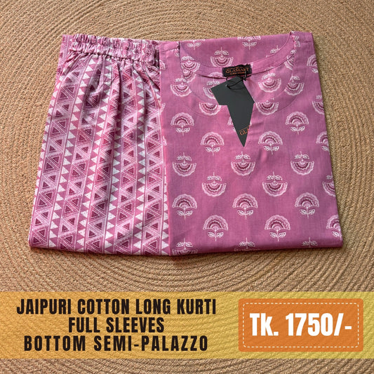 Jaipuri Cotton Long Kurti Co-ord Set - Mauve Pink Floral Block Print