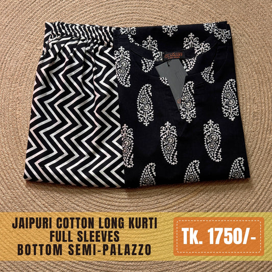 Jaipuri Cotton Long Kurti Co-ord Set - Black & White Paisley Print