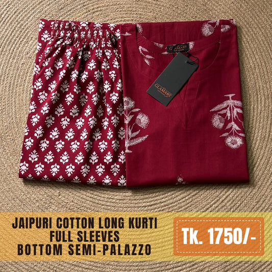 Jaipuri Cotton Long Kurti Co-ord Set - Maroon-white Floral Print
