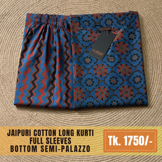 Jaipuri Cotton Long Kurti Co-ord Set - Blue & Red Floral Print