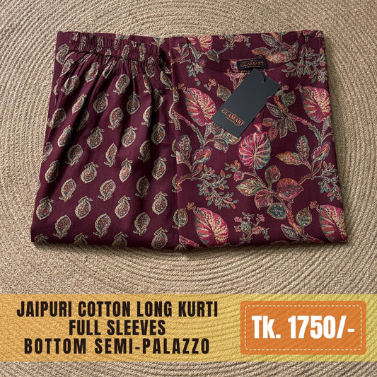 Jaipuri Cotton Long Kurti Co-ord Set - Dark Burgundy Floral Print