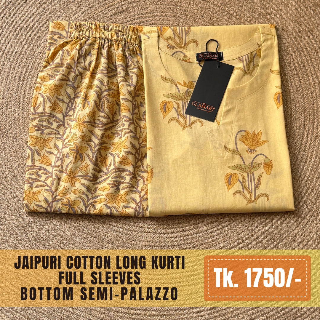 Jaipuri Cotton Long Kurti Co-ord Set - Pale Yellow Floral Print