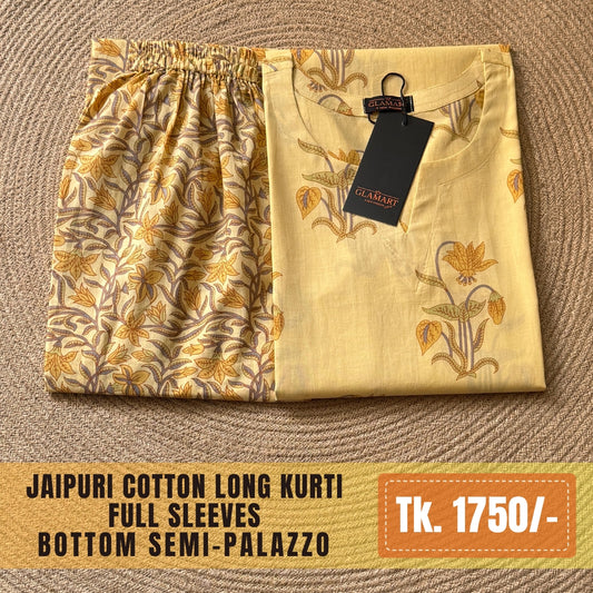 Jaipuri Cotton Long Kurti Co-ord Set - Pale Yellow Floral Print