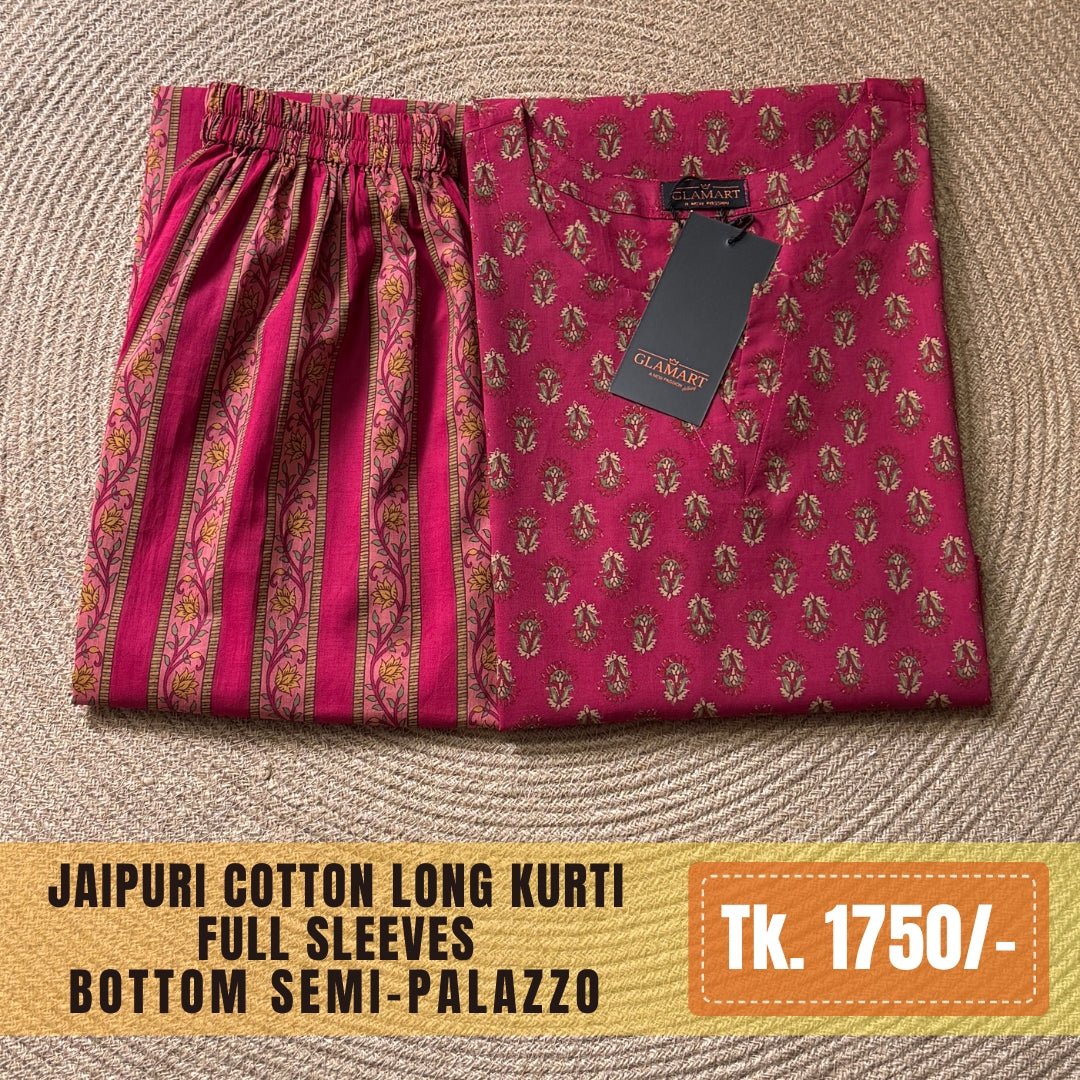 Jaipuri Cotton Long Kurti Co-ord Set - Magenta Floral & Striped Print