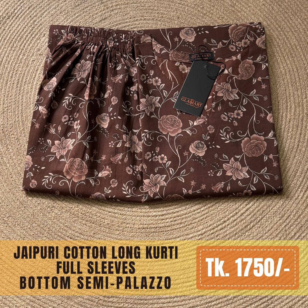 Jaipuri Cotton Long Kurti Co-ord Set - Chocolate Brown Floral Print