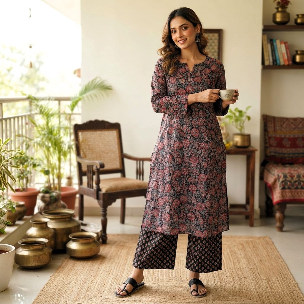 Jaipuri Cotton Long Kurti Co-ord Set - Black Floral Print