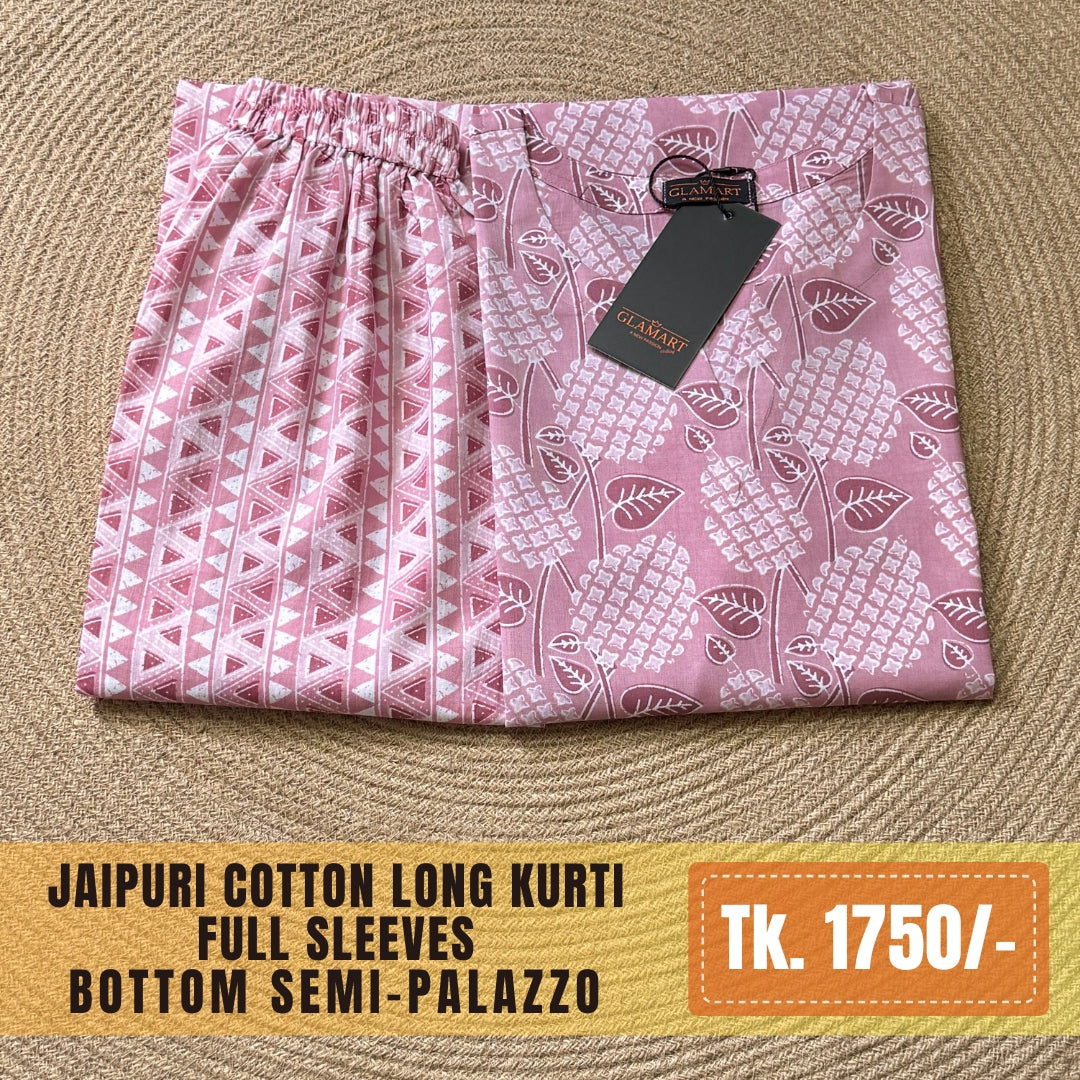 Jaipuri Cotton Long Kurti Co-ord Set - Dusty Rose & White Botanical Print