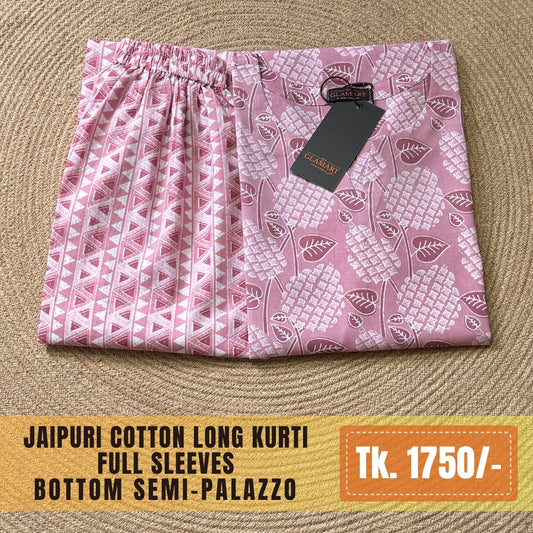 Jaipuri Cotton Long Kurti Co-ord Set - Dusty Rose & White Botanical Print