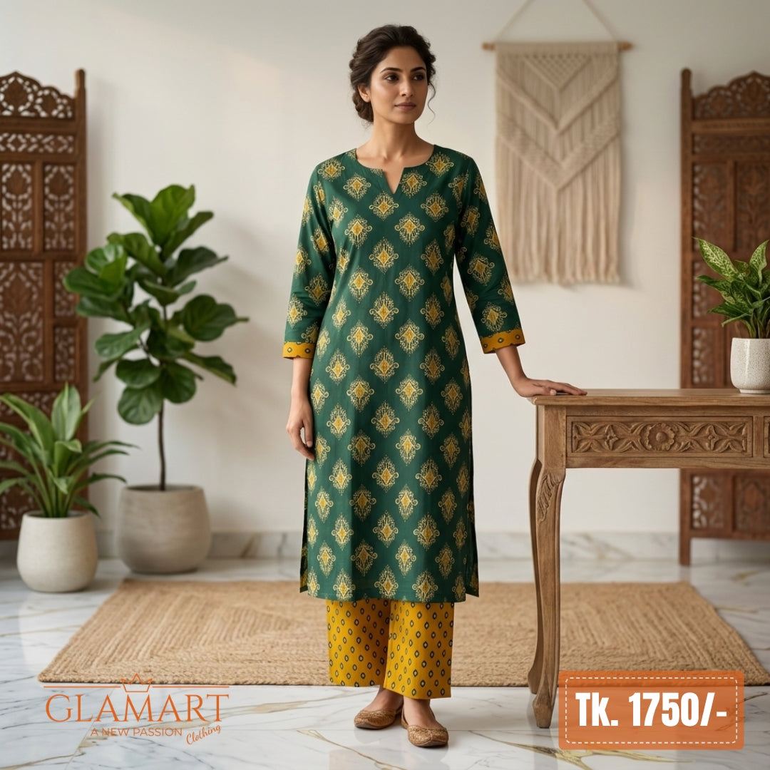 Jaipuri Cotton Long Kurti Co-ord Set - Emerald Green & Mustard Yellow Print