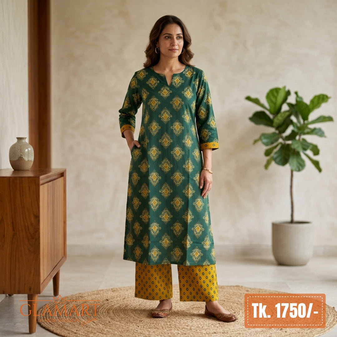 Jaipuri Cotton Long Kurti Co-ord Set - Emerald Green & Mustard Yellow Print