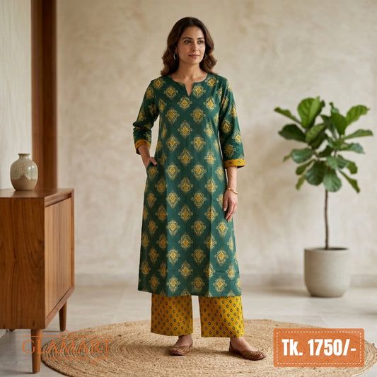 Jaipuri Cotton Long Kurti Co-ord Set - Emerald Green & Mustard Yellow Print