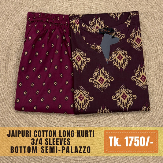 Jaipuri Cotton Long Kurti Co-ord Set - Deep Wine & Light Brown Print