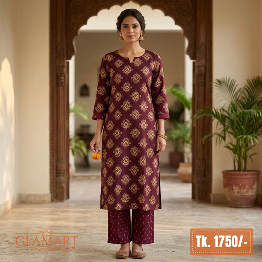Jaipuri Cotton Long Kurti Co-ord Set - Deep Wine & Light Brown Print