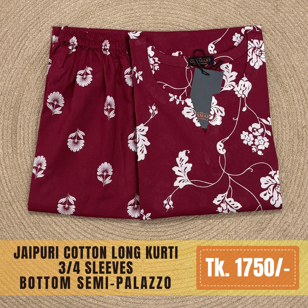 Jaipuri Cotton Long Kurti Co-ord Set - Deep Wine & White Floral Print