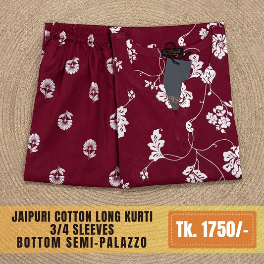 Jaipuri Cotton Long Kurti Co-ord Set - Deep Wine & White Floral Print