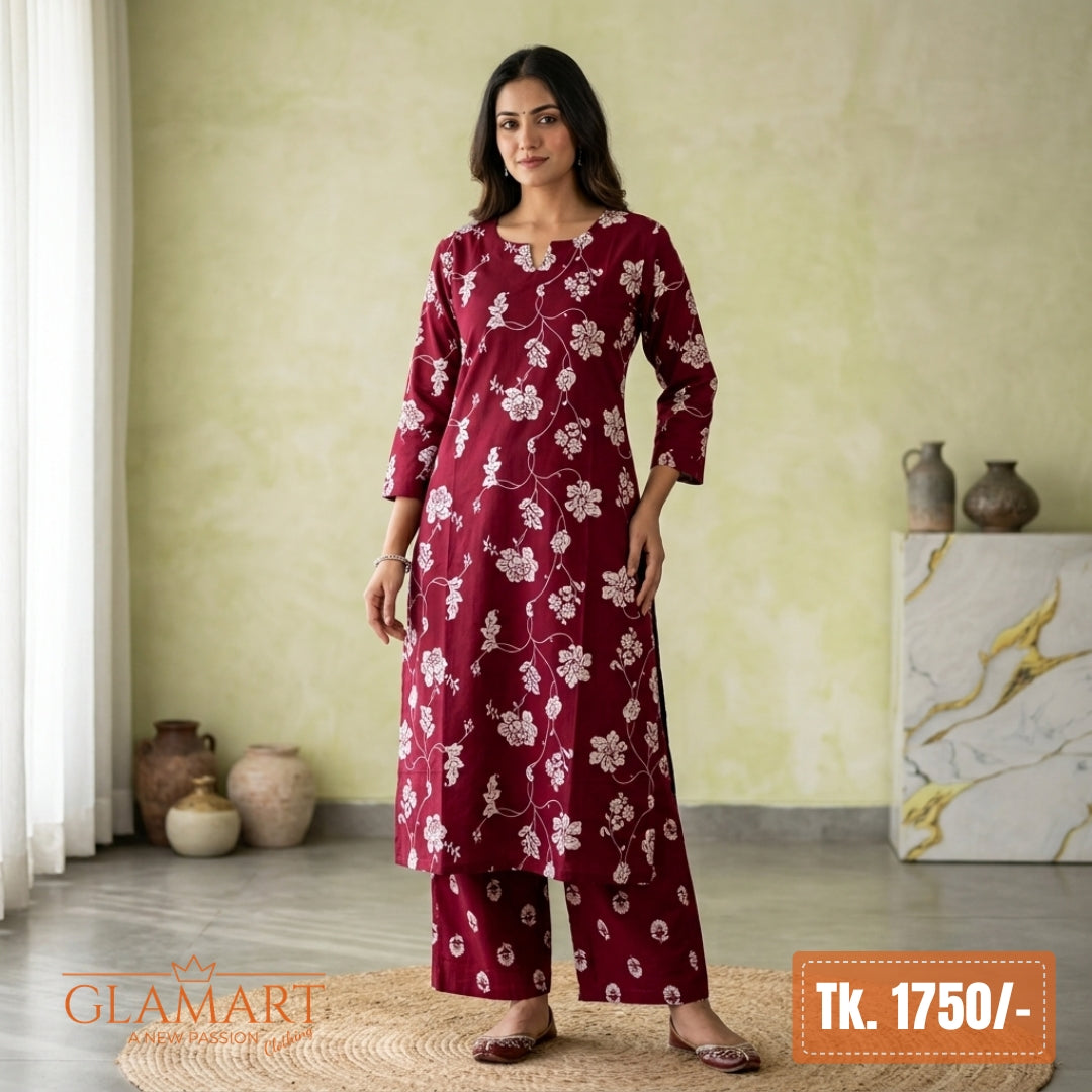 Jaipuri Cotton Long Kurti Co-ord Set - Deep Wine & White Floral Print