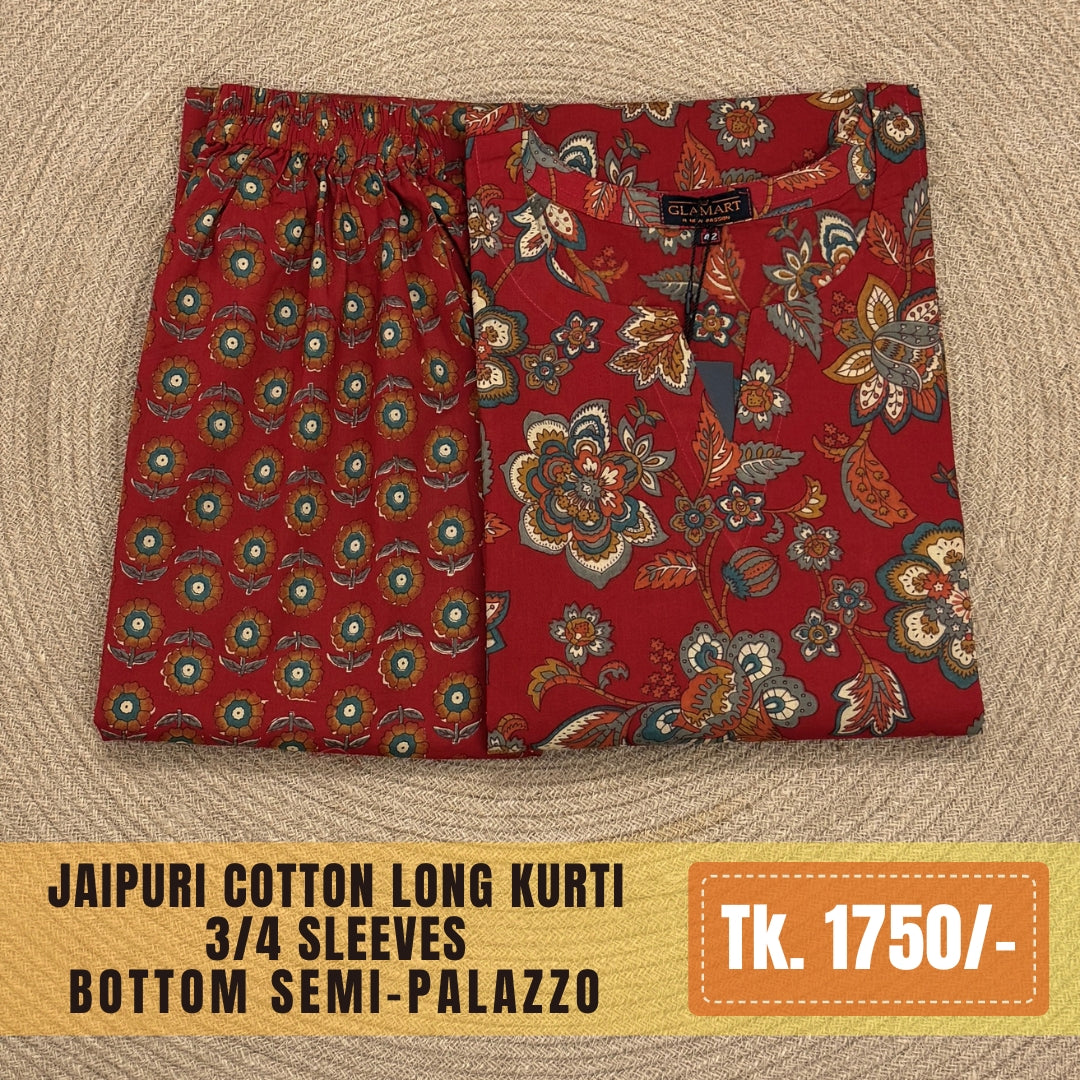 Jaipuri Cotton Long Kurti Co-ord Set - Deep Red & Multi-Color Floral Print