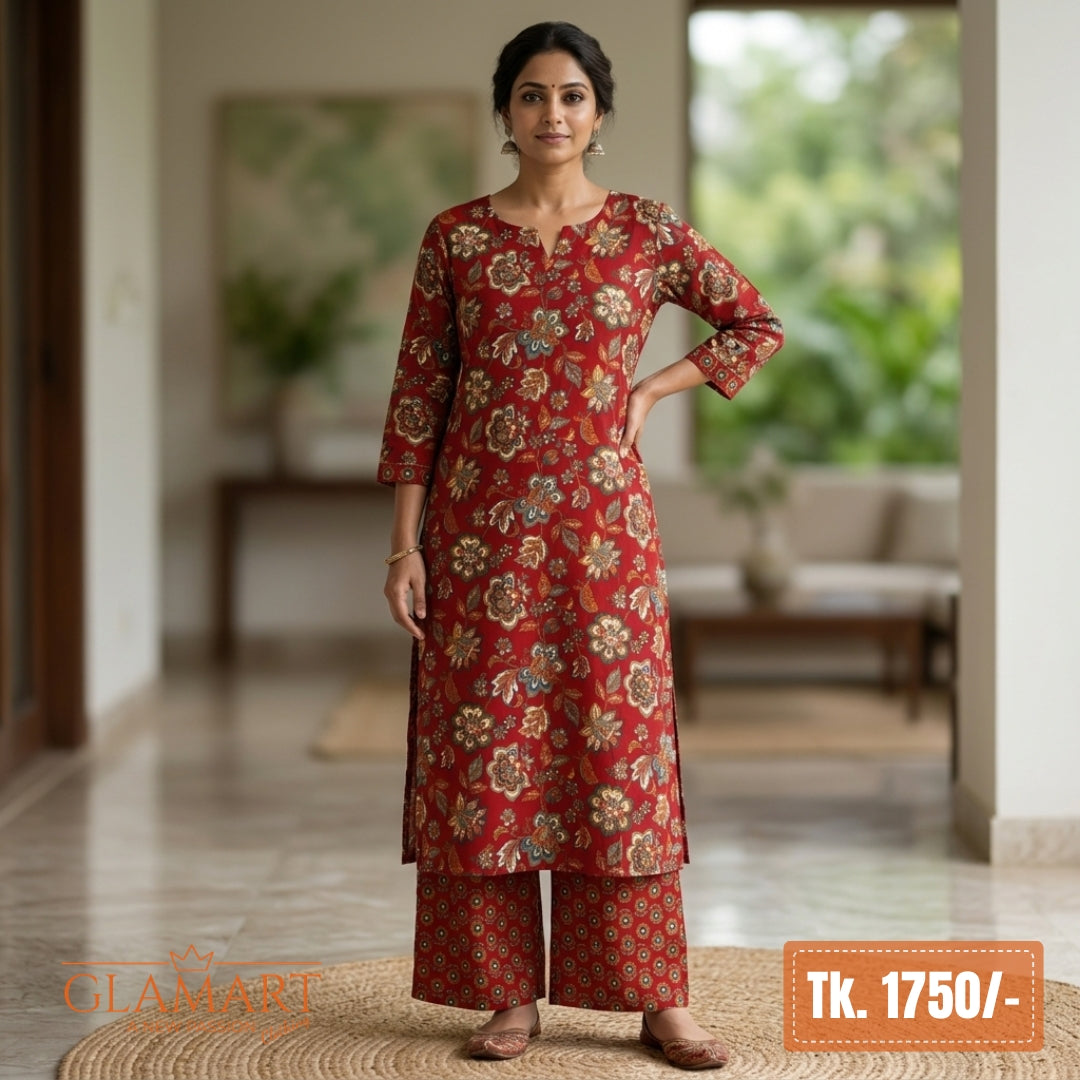 Jaipuri Cotton Long Kurti Co-ord Set - Deep Red & Multi-Color Floral Print