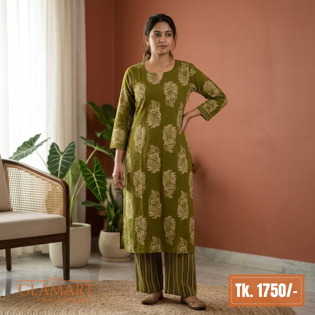 Jaipuri Cotton Long Kurti Co-ord Set - Olive Green & Beige Floral Print