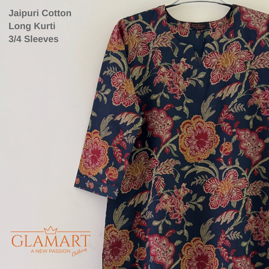Jaipuri Cotton Long Kurti Co-ord Set - Navy Blue & Maroon Floral Print