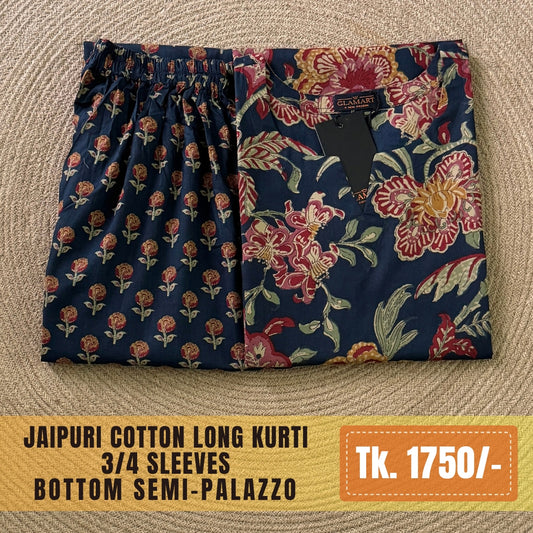 Jaipuri Cotton Long Kurti Co-ord Set - Navy Blue & Maroon Floral Print