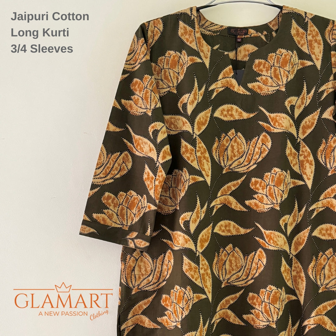 Jaipuri Cotton Long Kurti Co-ord Set - Olive Green & Mustard Leaf Print
