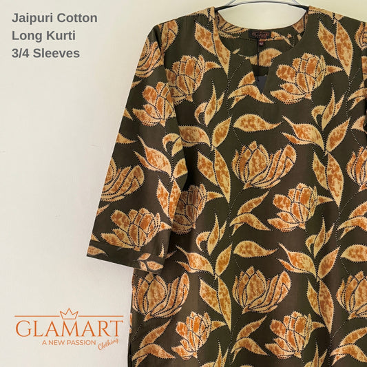 Jaipuri Cotton Long Kurti Co-ord Set - Olive Green & Mustard Leaf Print