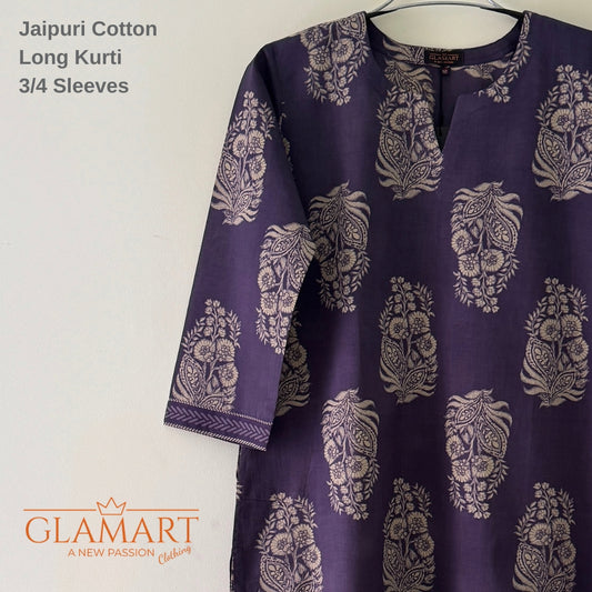 Jaipuri Cotton Long Kurti Co-ord Set - Slate Purple & Beige Floral Print