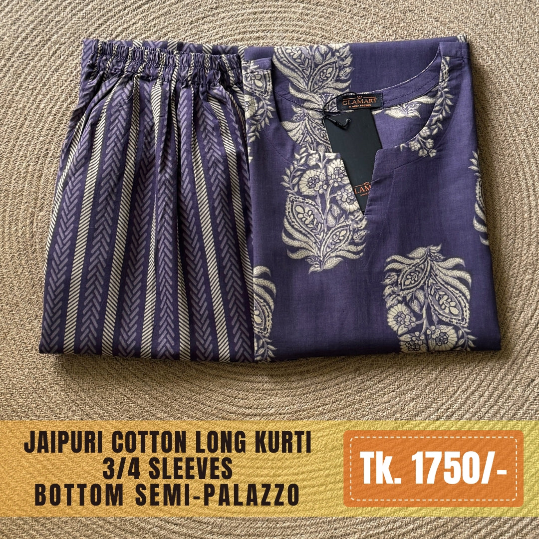 Jaipuri Cotton Long Kurti Co-ord Set - Slate Purple & Beige Floral Print