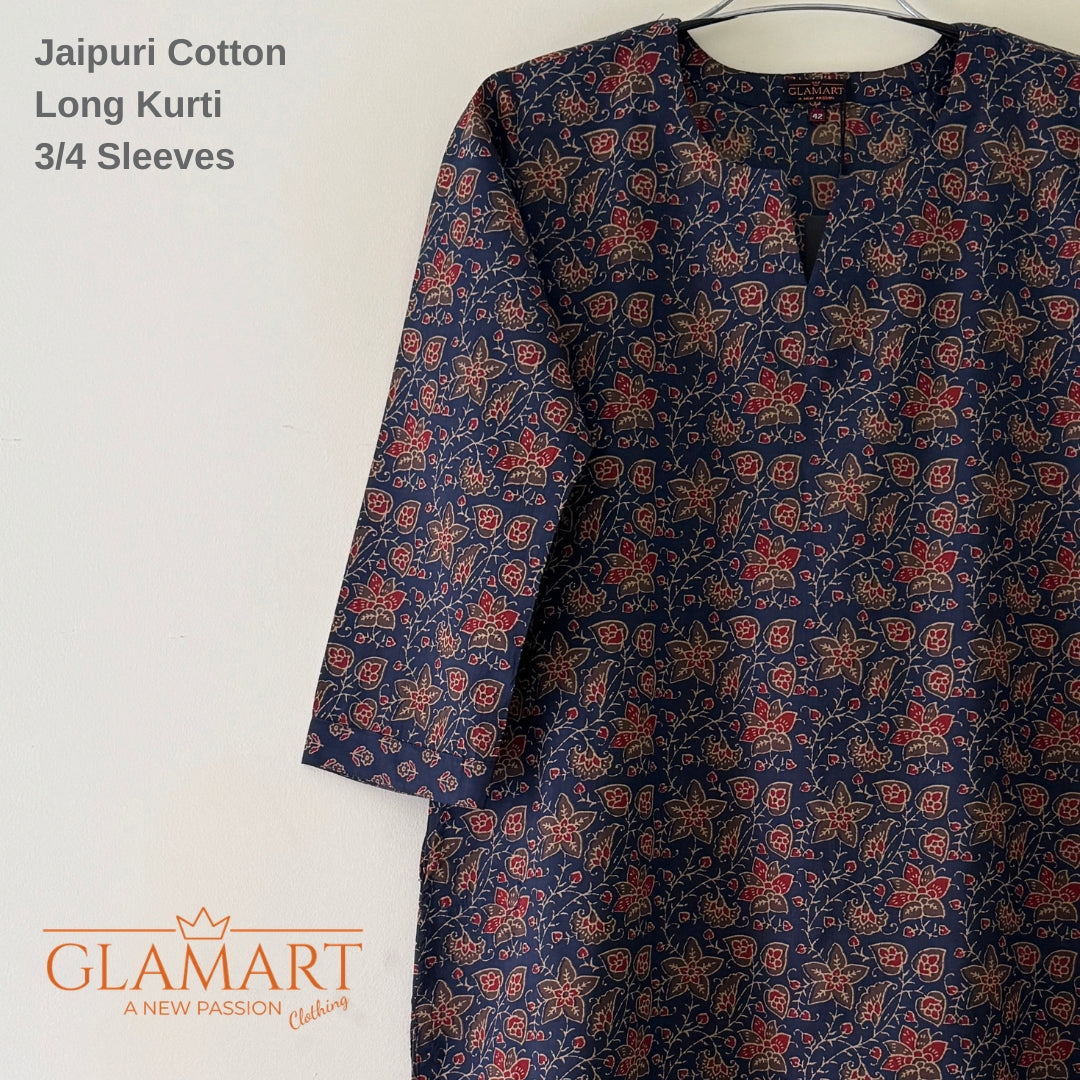Jaipuri Cotton Long Kurti Co-ord Set - Navy Blue & Multi-Color Floral Print