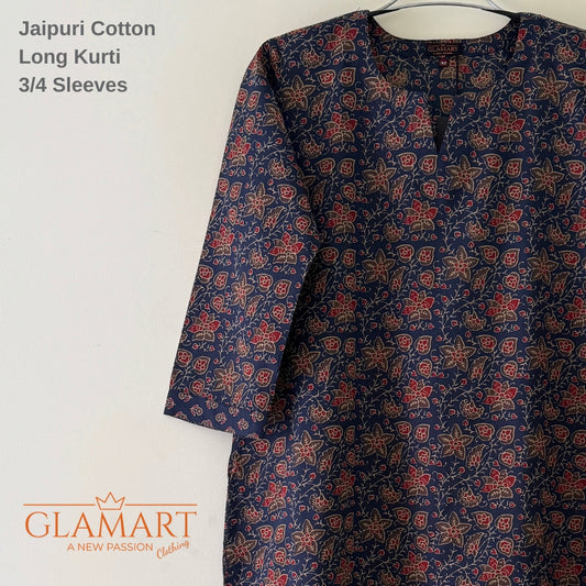 Jaipuri Cotton Long Kurti Co-ord Set - Navy Blue & Multi-Color Floral Print