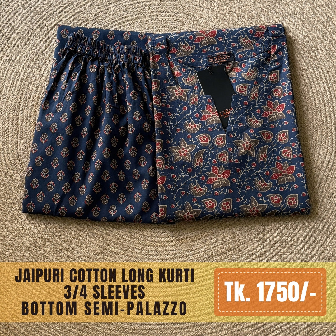 Jaipuri Cotton Long Kurti Co-ord Set - Navy Blue & Multi-Color Floral Print
