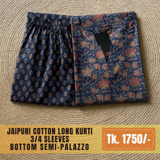Jaipuri Cotton Long Kurti Co-ord Set - Navy Blue & Multi-Color Floral Print