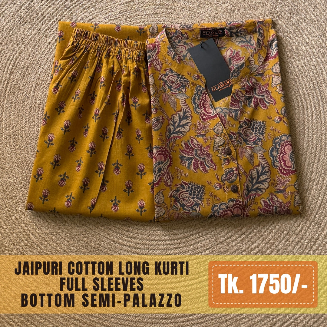 Jaipuri Cotton Long Kurti Co-ord Set - Mustard-brown Floral Print