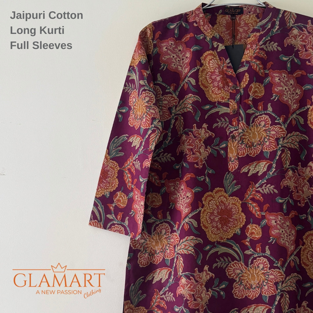 Jaipuri Cotton Long Kurti Co-ord Set - Purple Floral Print