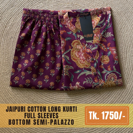 Jaipuri Cotton Long Kurti Co-ord Set - Purple Floral Print