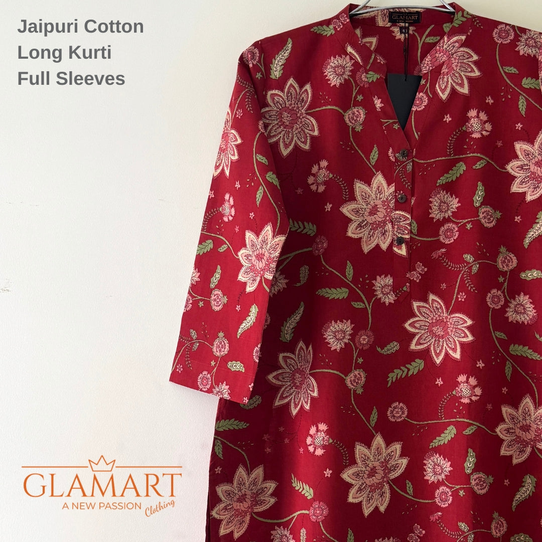 Jaipuri Cotton Long Kurti Co-ord Set - Red Floral Print