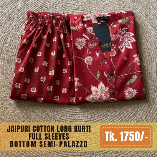 Jaipuri Cotton Long Kurti Co-ord Set - Red Floral Print