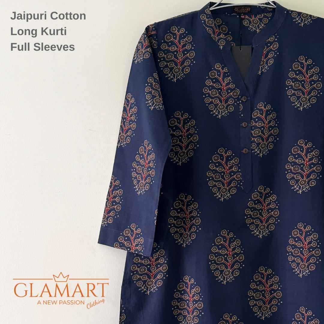 Jaipuri Cotton Long Kurti Co-ord Set - Navy Blue Floral Print
