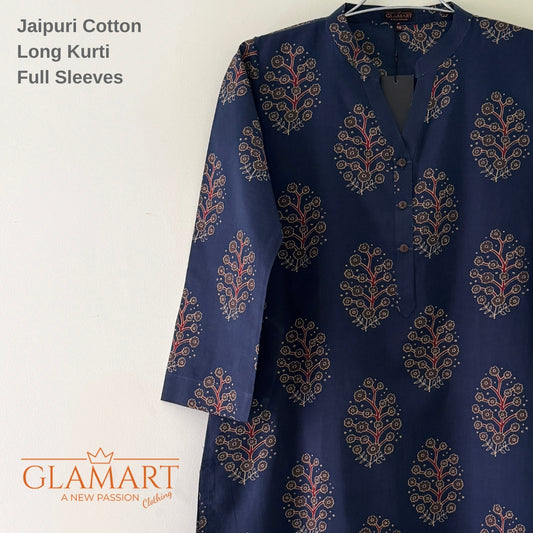 Jaipuri Cotton Long Kurti Co-ord Set - Navy Blue Floral Print