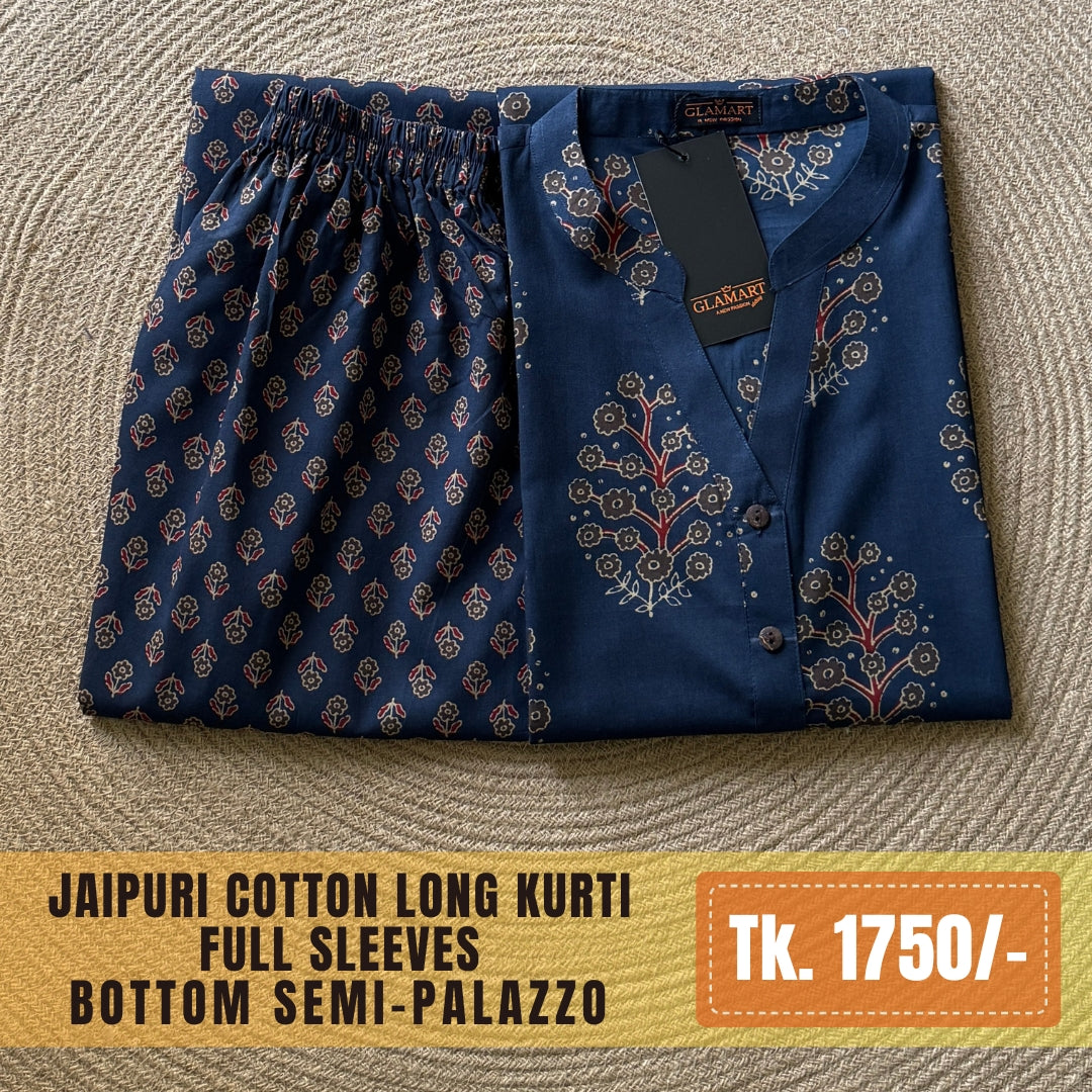 Jaipuri Cotton Long Kurti Co-ord Set - Navy Blue Floral Print