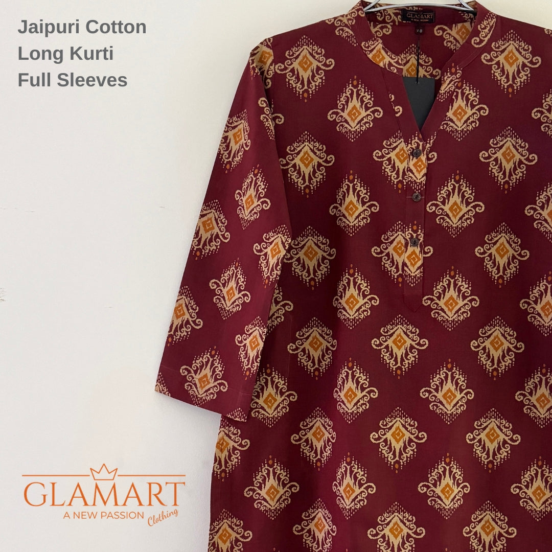 Jaipuri Cotton Long Kurti Co-ord Set - Maroon & Mustard Ethnic Print