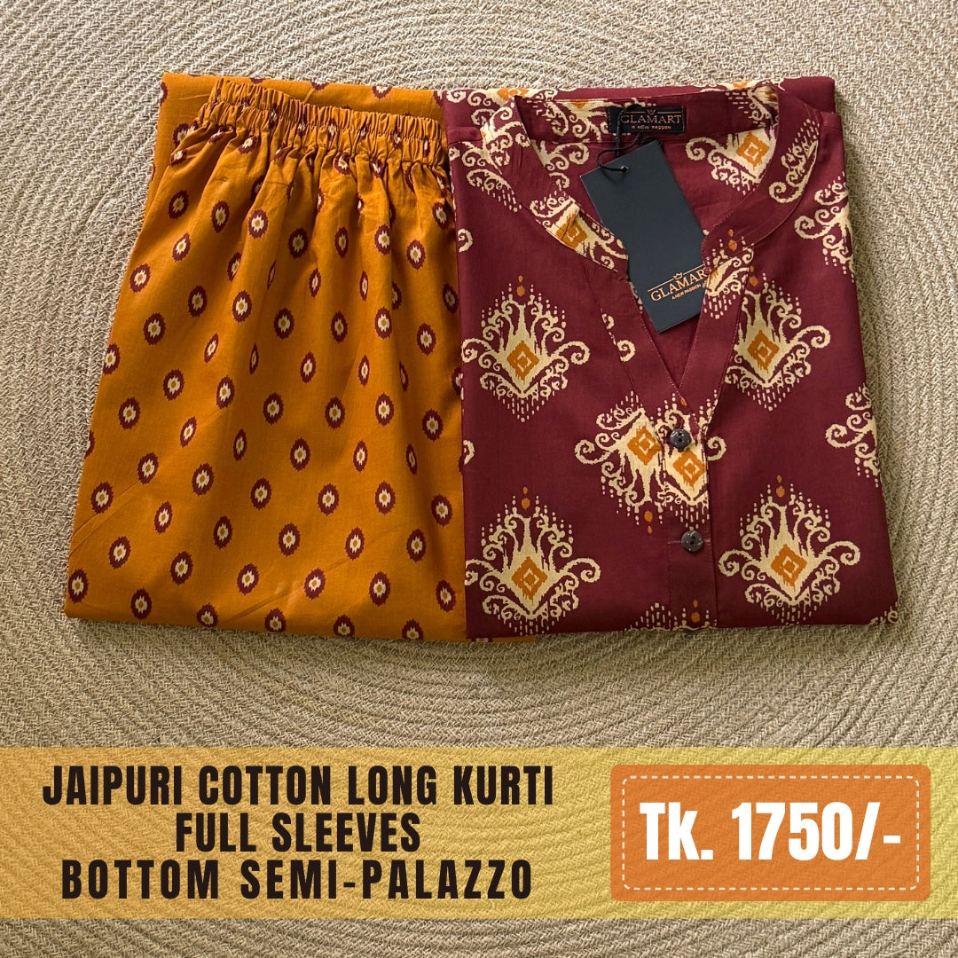 Jaipuri Cotton Long Kurti Co-ord Set - Maroon & Mustard Ethnic Print