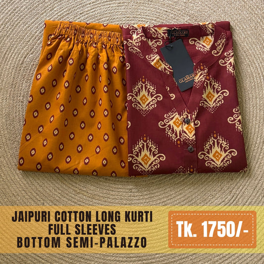 Jaipuri Cotton Long Kurti Co-ord Set - Maroon & Mustard Ethnic Print