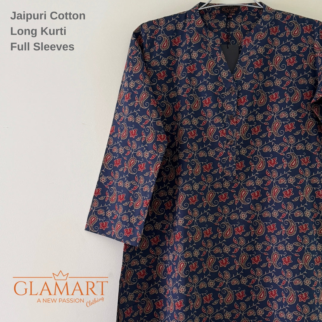 Jaipuri Cotton Long Kurti Co-ord Set - Navy Blue & Maroon Paisley Ethnic Print