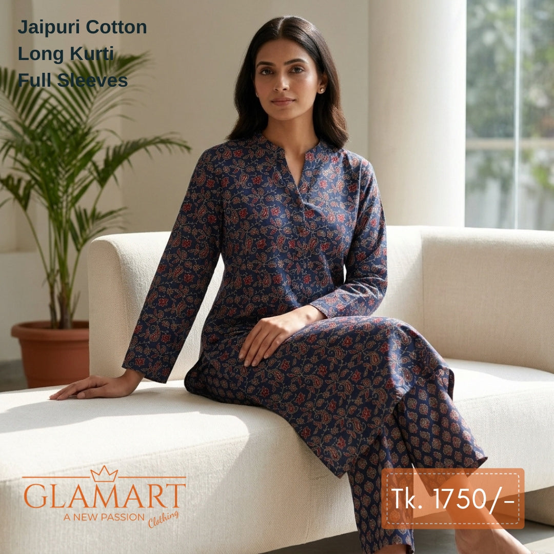 Jaipuri Cotton Long Kurti Co-ord Set - Navy Blue & Maroon Paisley Ethnic Print