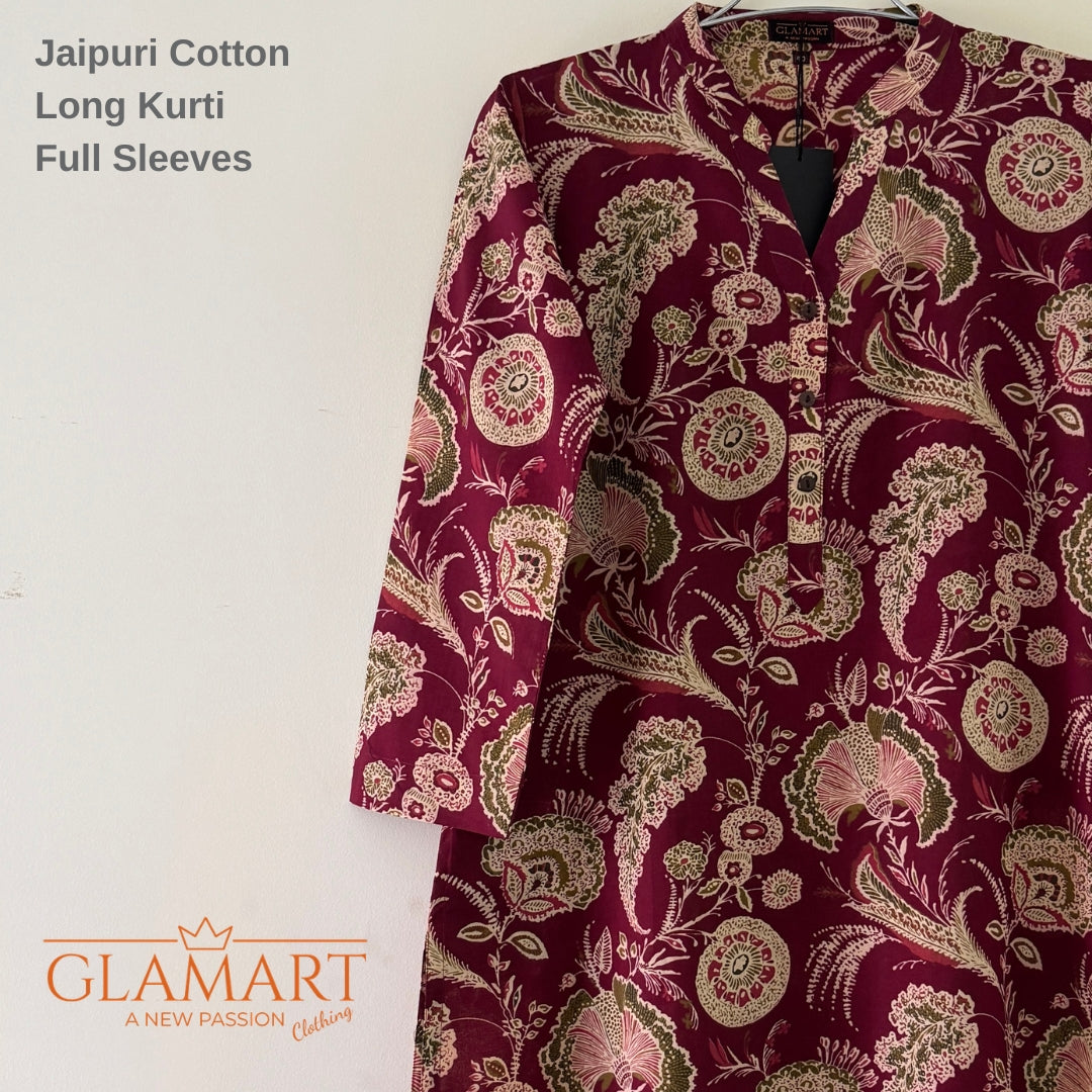 Jaipuri Cotton Long Kurti Co-ord Set - Maroon Floral Block Print