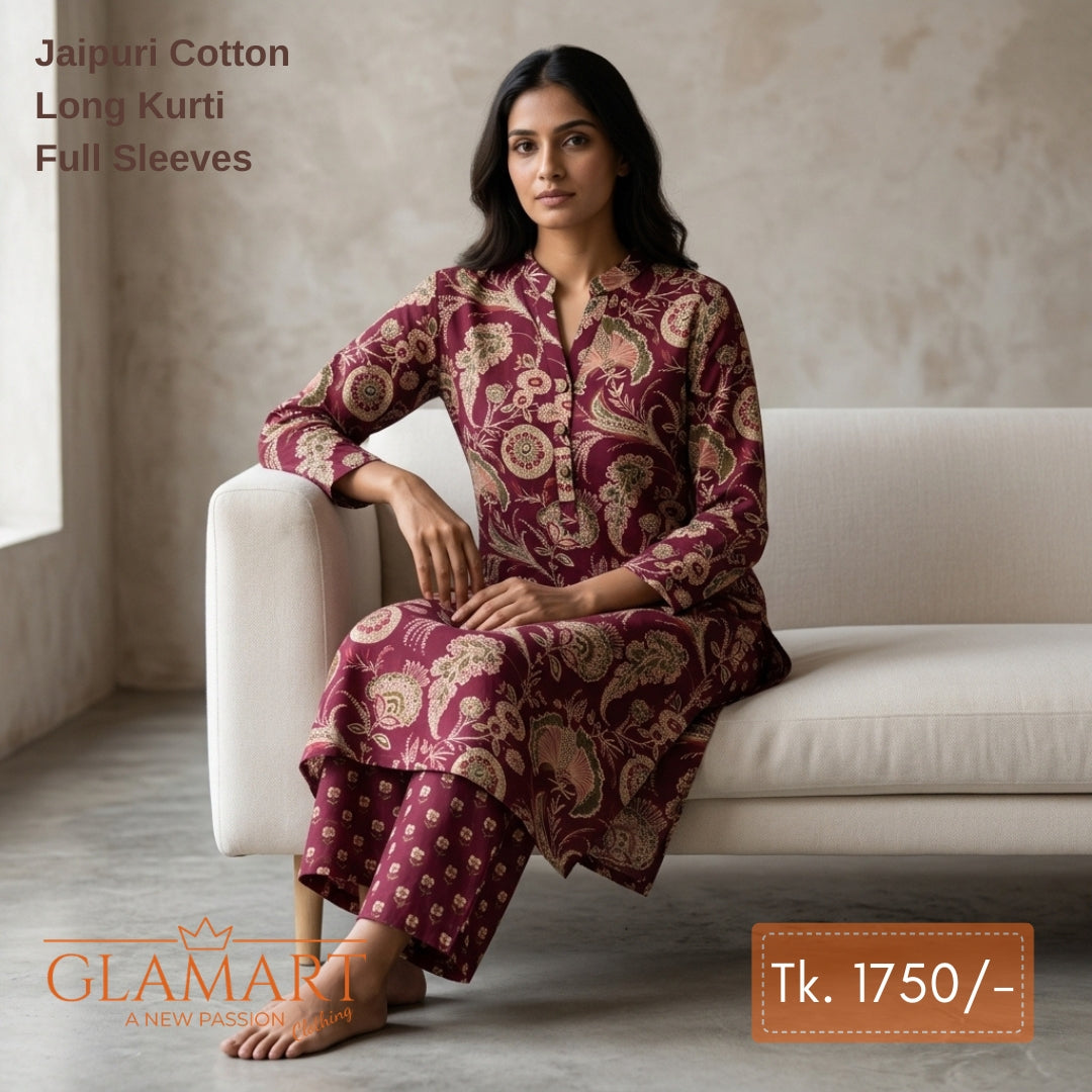 Jaipuri Cotton Long Kurti Co-ord Set - Maroon Floral Block Print